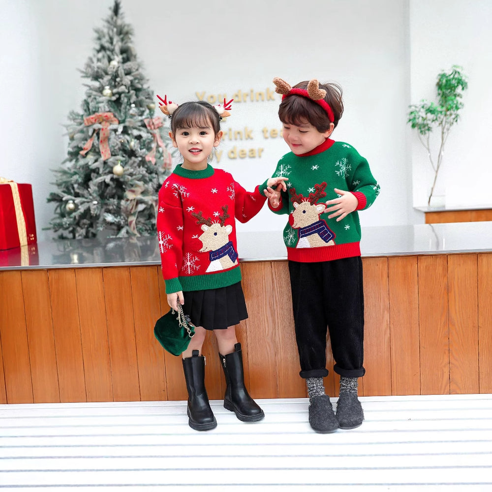 christmas fawn sweater for kids, fleece-lined and extra thick, chinese new year style, versatile knitted top for boys and girls