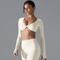 New women's activewear long sleeve top: deep v-neck, slim fit, breathable, trendy cropped yoga top for outdoor workouts