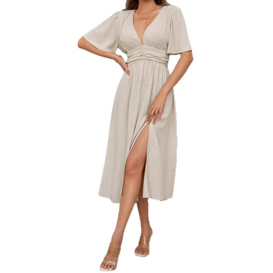 Summerv neck short-sleeved dresselegantelegance flying sleeves back waist high slit dresslong women's clothing