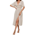 Summerv neck short-sleeved dresselegantelegance flying sleeves back waist high slit dresslong women's clothing
