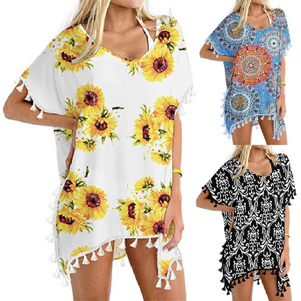 fashionnew arrivalprinting tassel small white ball chiffon beach skirt blouse ready-made trendy brand