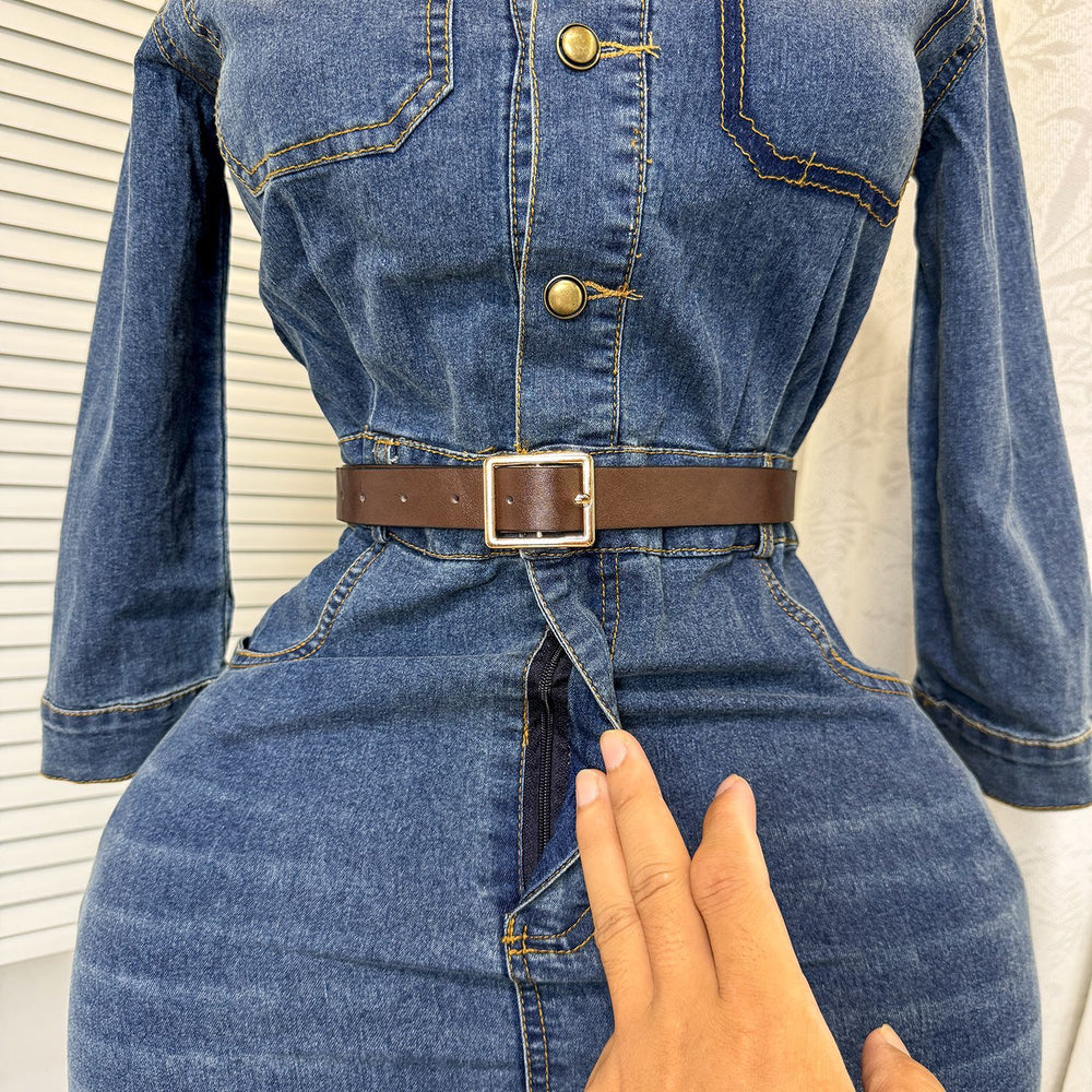 foreign trade autumnew arrivalshirt denim skirt women's retro h-shaped waist micro-elastic denim dress