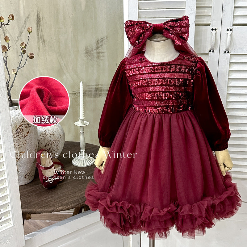 【ready to ship】girls' winter dress  - stylish tulle skirt with sequins, fleece-lined new year's outfit, trendy style
