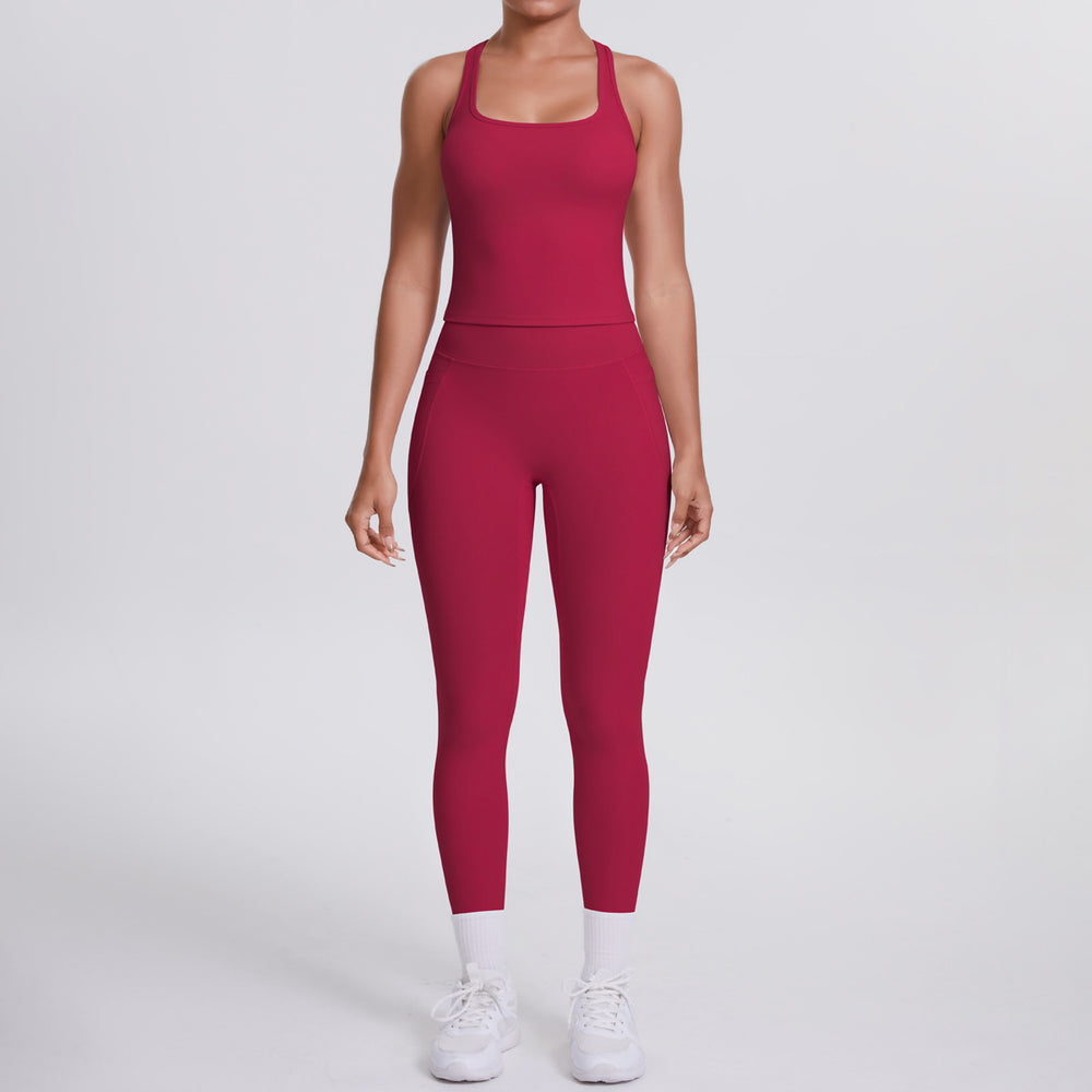 Naked-feel, form-fitting yoga set featuring a racerback design, high-waisted leggings with butt-lifting effect, and pockets. perfect for outdoor activities, casual wear, running, and gym workouts
