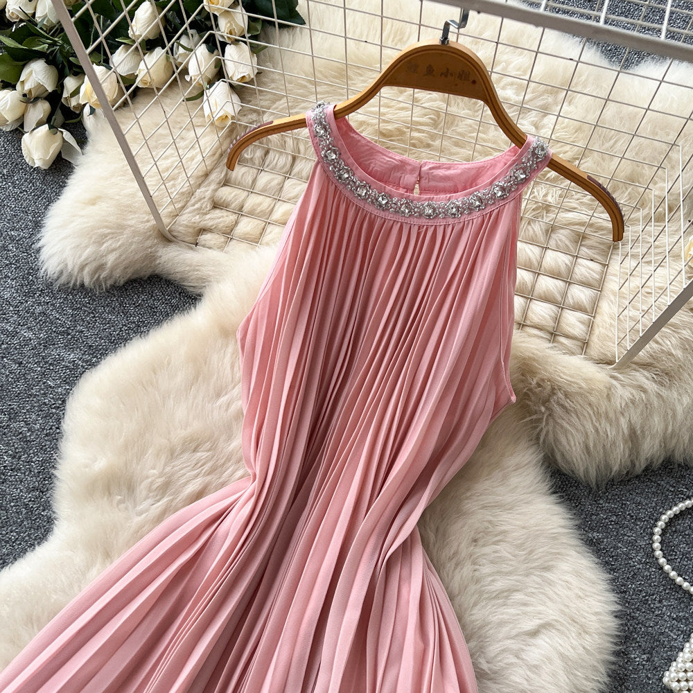 Luxury chic diamond-embellished halter dress - pink summer sleeveless high-waisted a-line pleated maxi dress - premium quality
