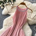 Luxury chic diamond-embellished halter dress - pink summer sleeveless high-waisted a-line pleated maxi dress - premium quality