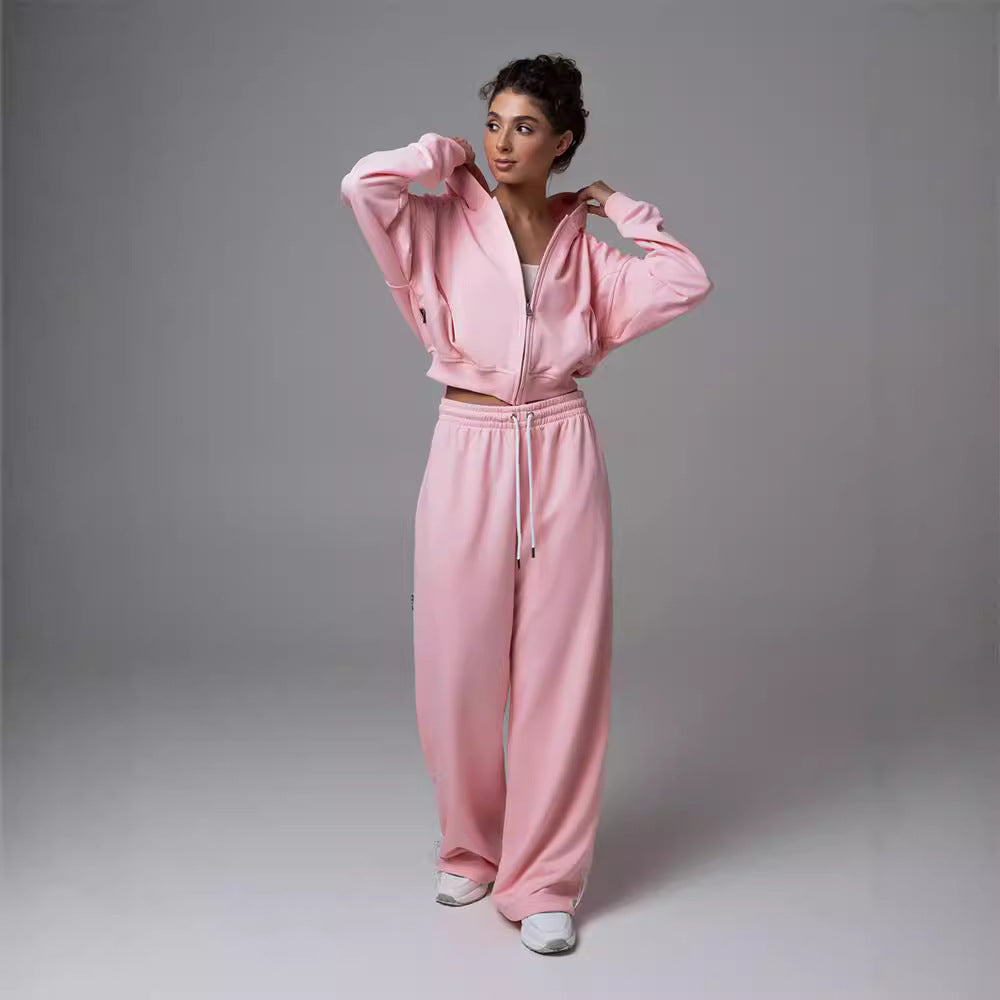 Cross-border European and American women's clothing fashion hooded sweater cardigan drawstring trousers set casual sweatshirt lace-up trousers