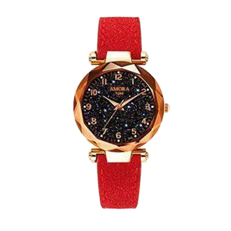 New wholesale women's watches, fashionable and trendy digital face ladies' student starry sky dial quartz wristwatch with leather strap