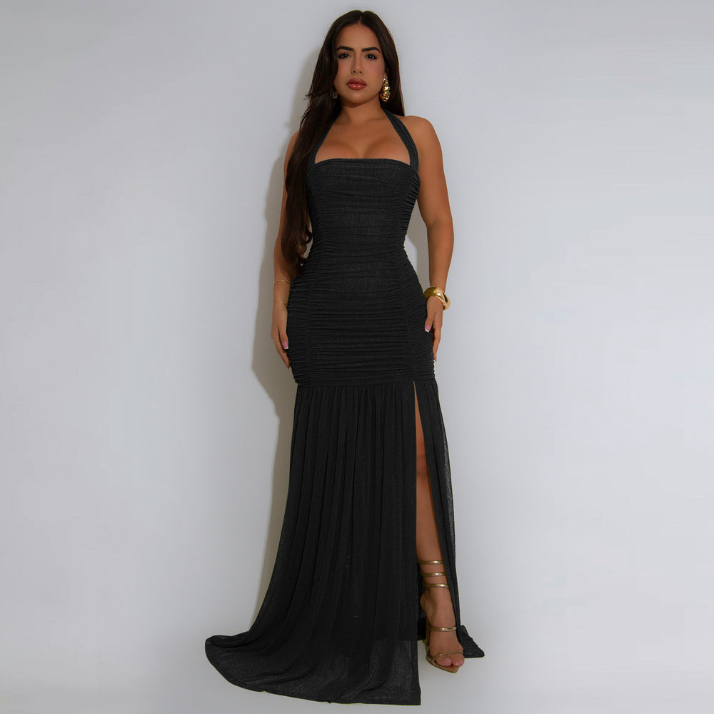 C7398 cross-border   fashion women's summer mesh sexy slit solid color dress