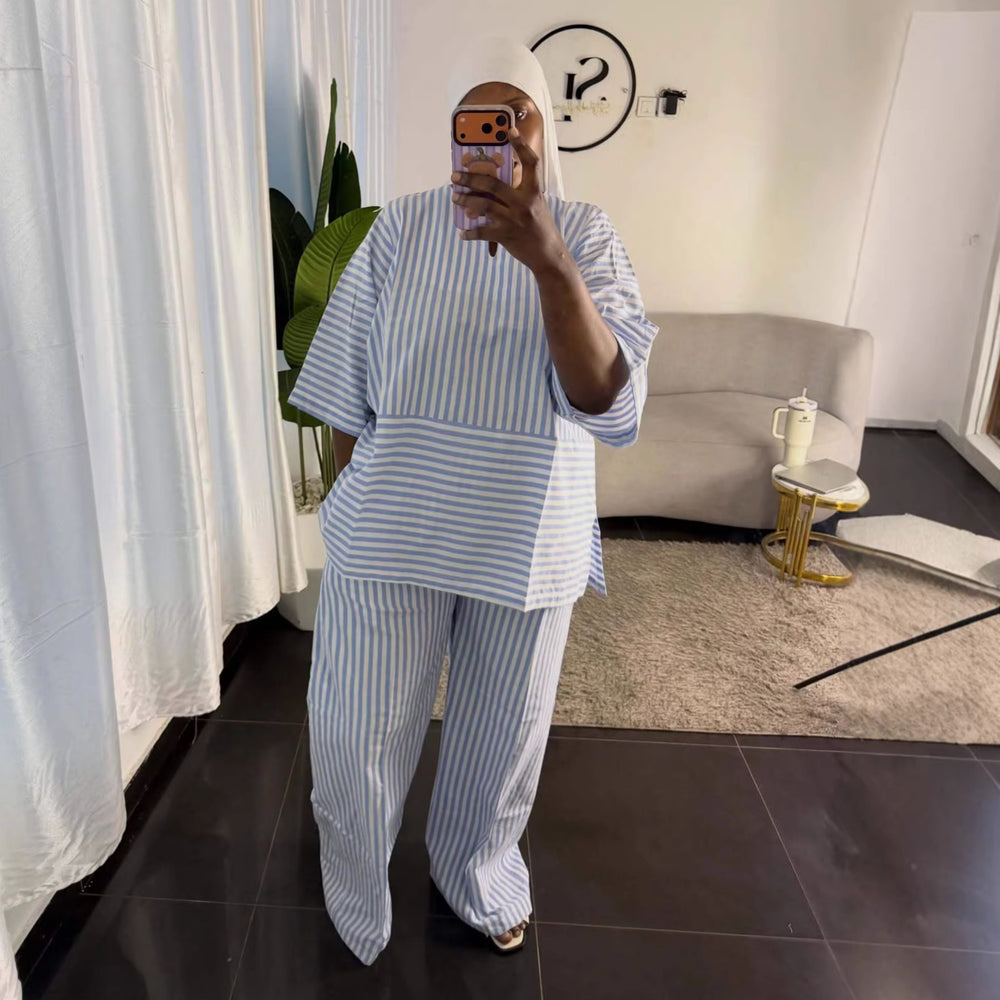 European and american cross-border women's fashion:  summer new arrivals - stylish and elegant striped loose-fit shirt and wide-leg pants casual set