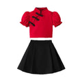 Girls' two-piece skirt set: red lantern sleeve chinese-style button-down top with black pleated skirt - traditional chinese style for kids