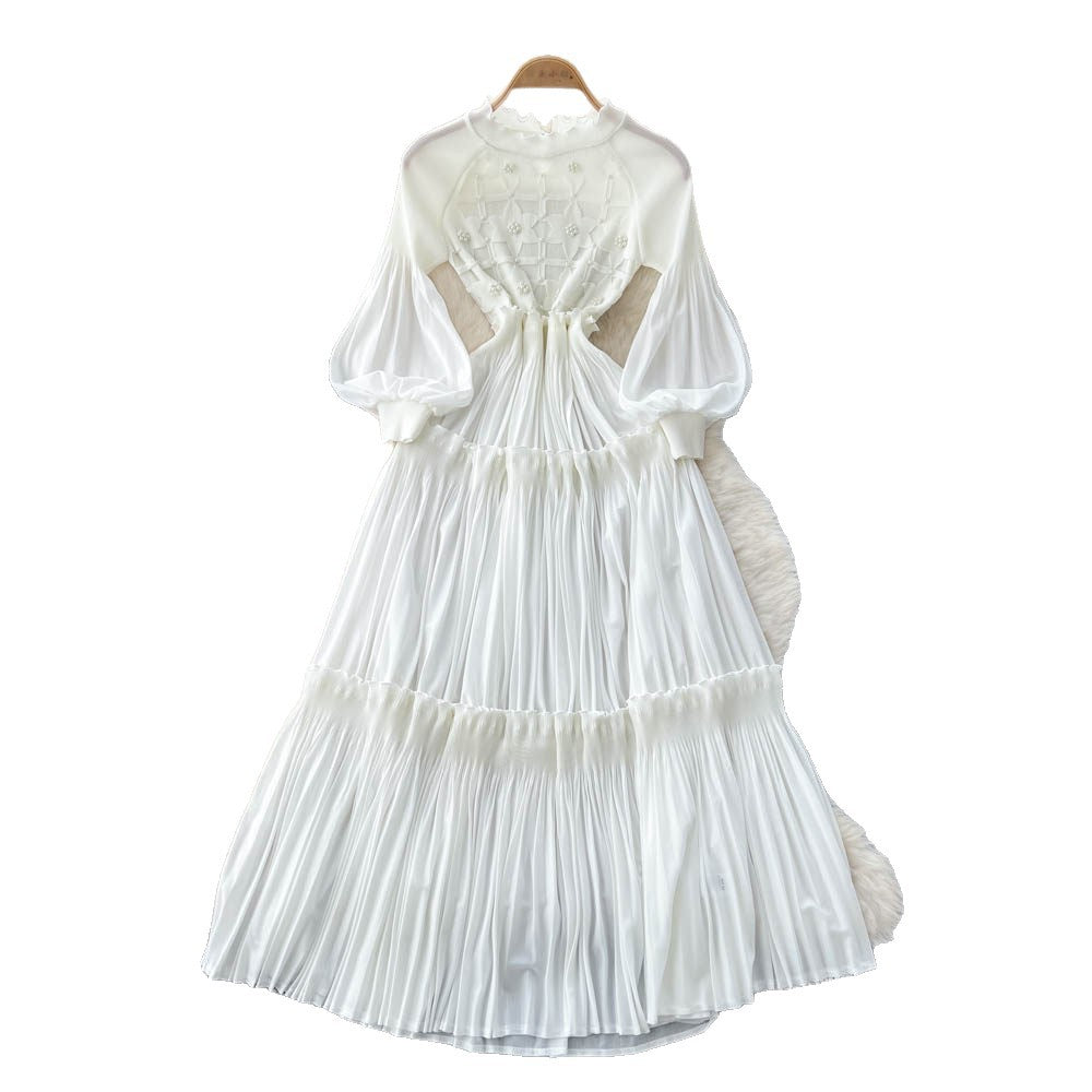 Frenchretro lantern sleeve pleateddress women's waist slimming lookk-style a-line long skirt lady style layered long skirt