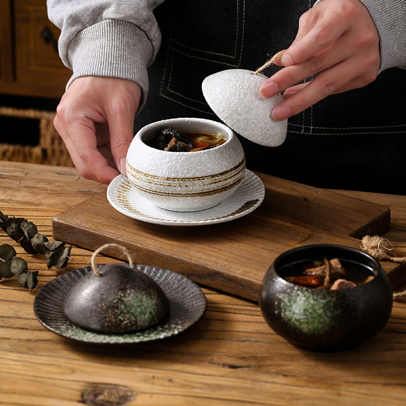 Japanese retro steamed egg cup, one-person soup cup, ceramic tableware, dessert bowl, bird's nest supplement, covered bowl, one-person stew cup