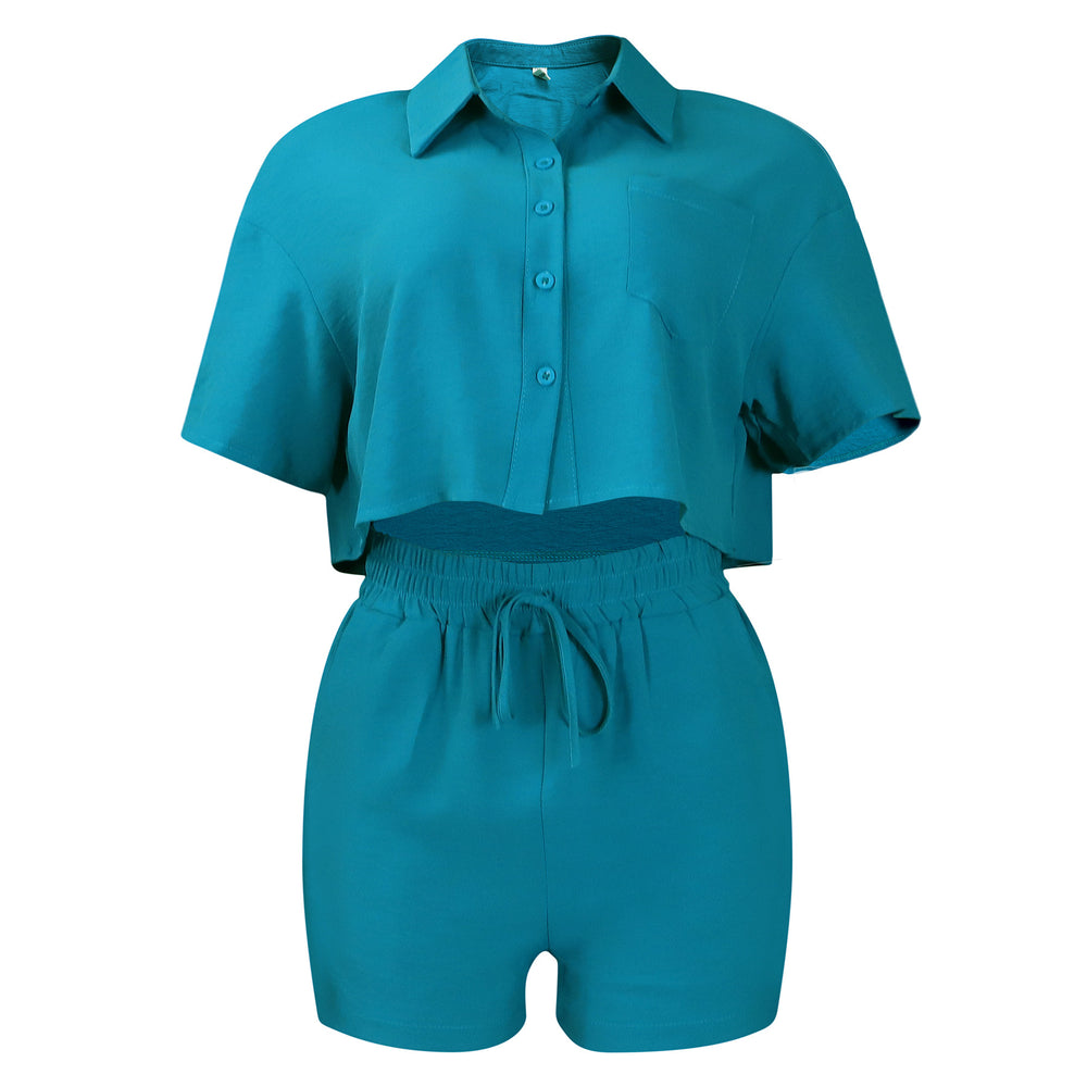 D3272 cross-border european and american women's clothing  summer new casual turn-down collar short-sleeve shirt and shorts fashion african style set