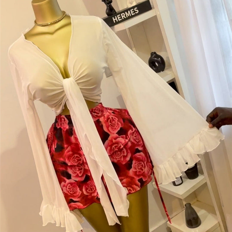 European and american cross-border women's fashion:  autumn new arrivals - sexy and elegant v-neck tie-up lightweight blouse, sheer slim-fit top