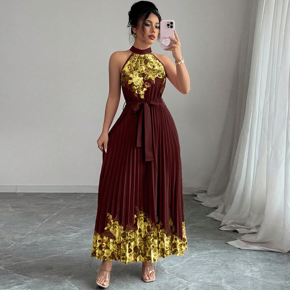 European and american cross-border women's summer  elegant halter neck tie waist floral print pleated maxi swing dress