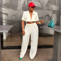 European and american cross-border women's fashion:  summer new arrival - stylish lapel tie-front short sleeve blouse and wide-leg suit pants set