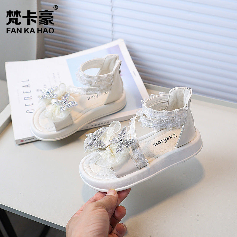 Vancahao girls' roman sandals -  summer new korean style kids' butterfly rhinestone princess sandals beach shoes