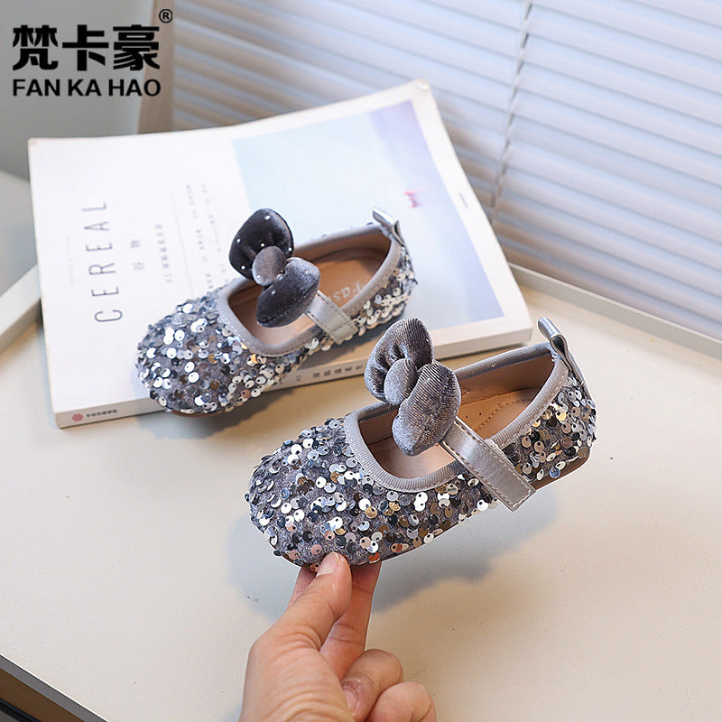 Girls' fashionable and versatile shoes - sequin bow princess shoes - new autumn collection - children's flats - dance shoes - leather shoes