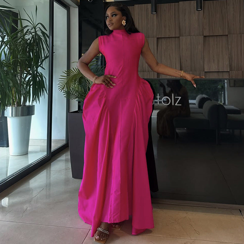 European and American  women's clothing 2025 autumn new fashionable and elegant turtleneck sleeveless solid color bud skirt dinner dress