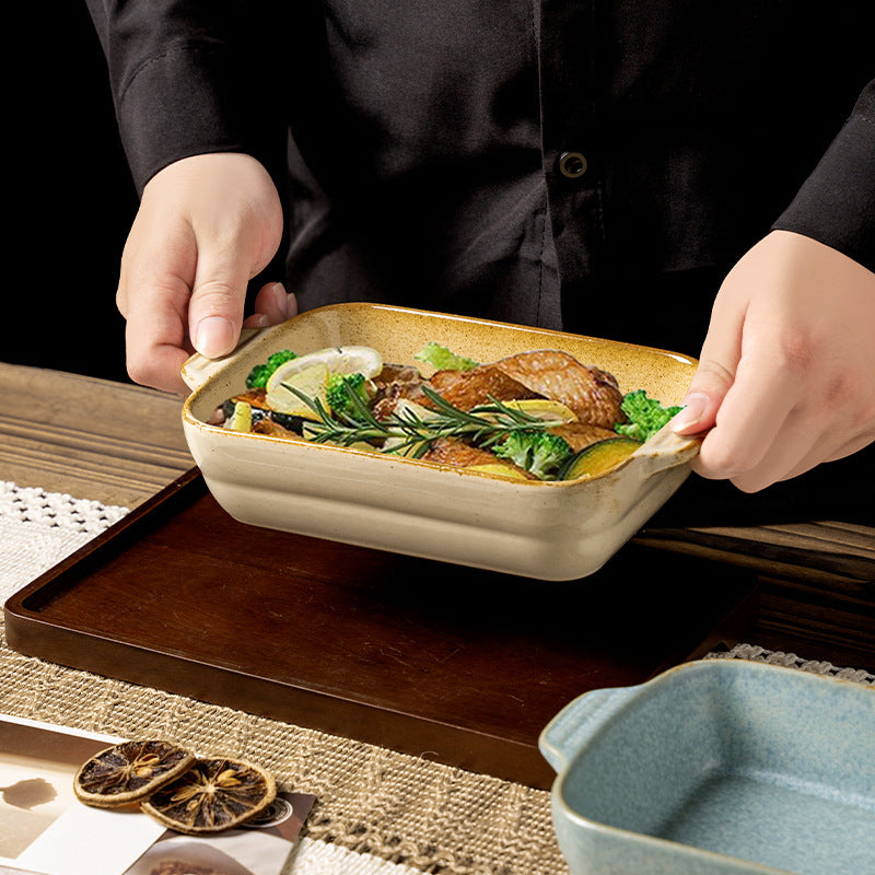 Creative kiln-turned double-ear ceramic baking dish baking tool cheese rice pizza plate pasta plate barbecue rectangular plate