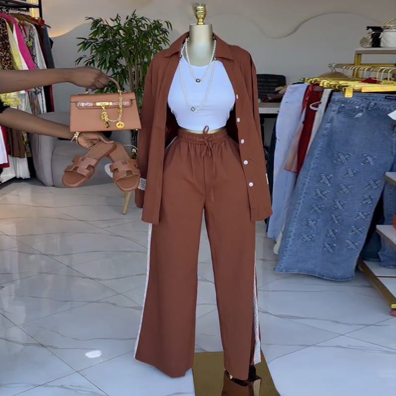 European and american cross-border women's spring  new collection: casual turn-down collar solid color loose fit long sleeve shirt and tie-waist pants set