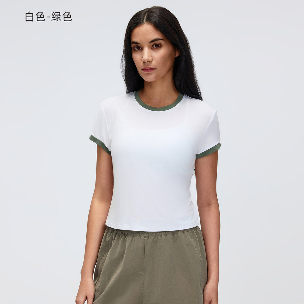 Color block shoulder cropped activewear tee - women's summer solid color crew neck sports yoga top d26053