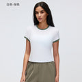 Color block shoulder cropped activewear tee - women's summer solid color crew neck sports yoga top d26053