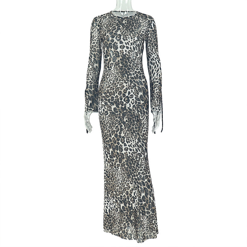 Fashion styleexportfashion leopard print women's silmprintinglong hip skirt round neck long sleeves socialite thin dress