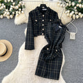 Autumn winter tweed style socialite elegantlong sleeves tweed outweartwo-piece set waist vest hip cover dress women
