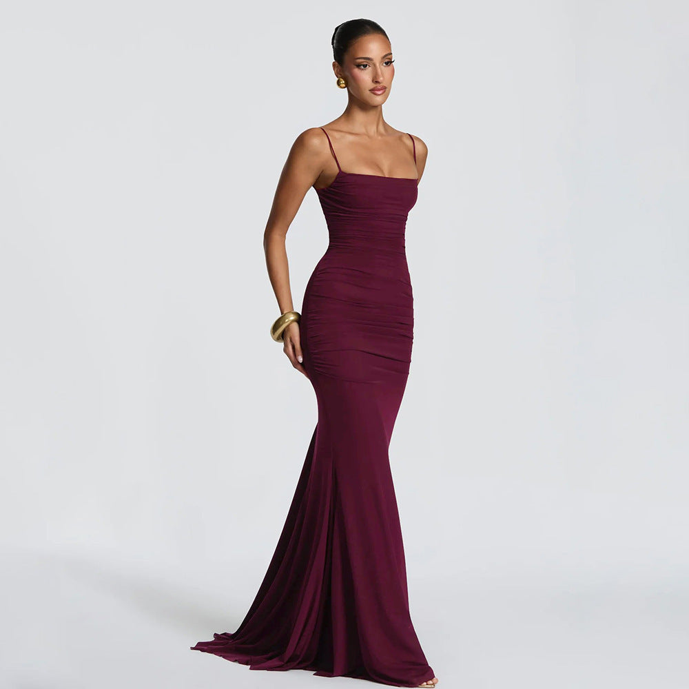 Amazon  summer new arrival: elegant solid color sleeveless bandeau maxi dress with tie-up back and figure-hugging design
