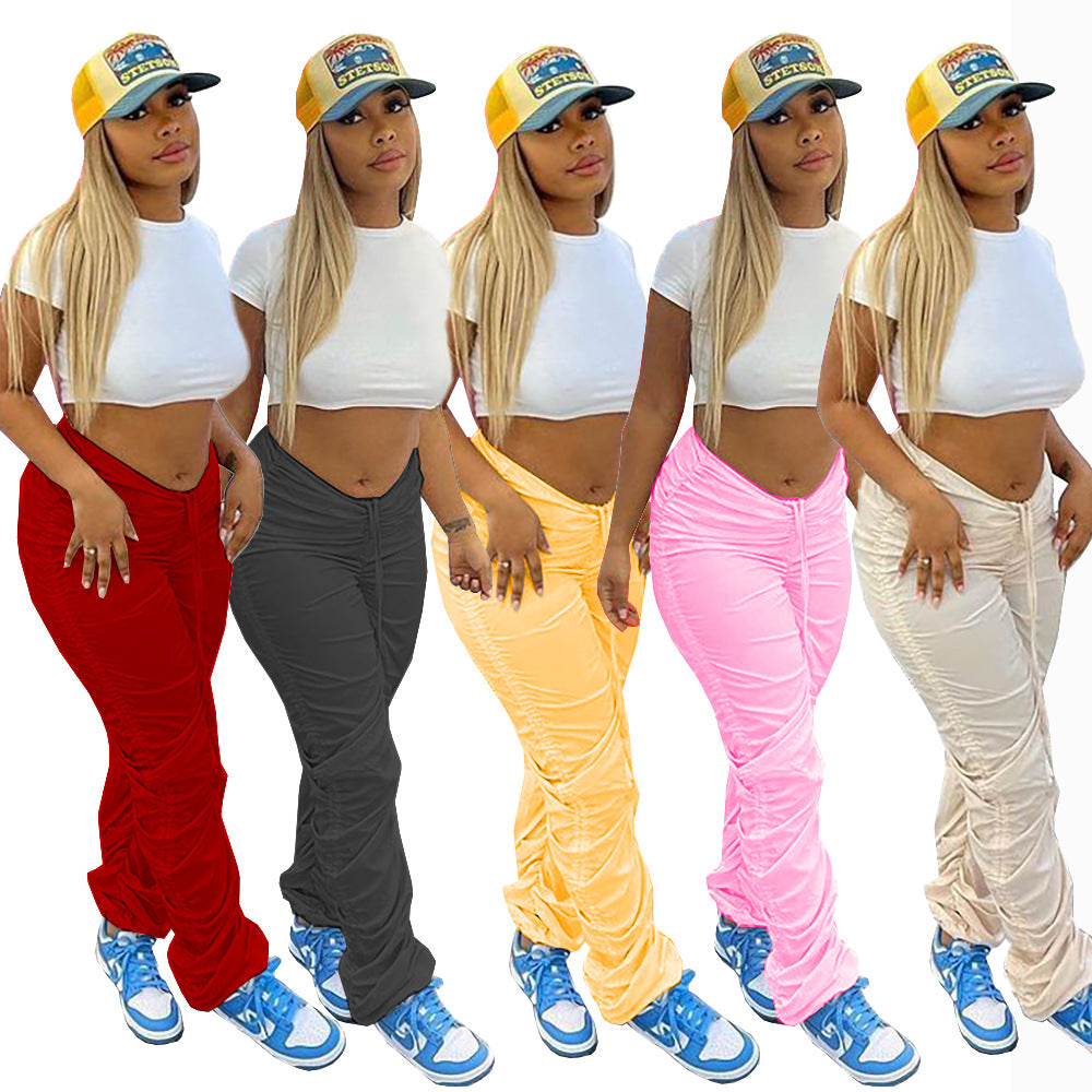 Fashion cross-border   new arrivalpure color elastic fabric pleated drawstring micro-flared sports casual pants