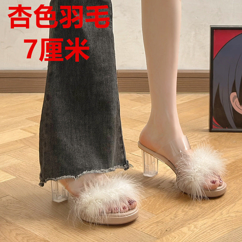 Fairy style furry slippers for women summer outwear 2025 new arrival popular thick heel flip-flops crystal high heel sandals