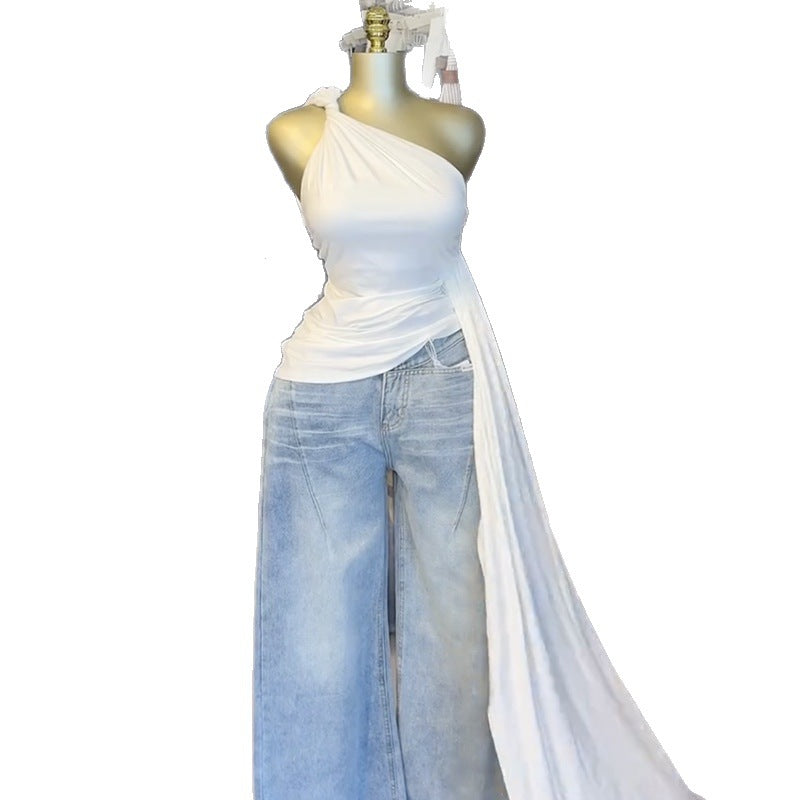 European and american cross-border women's fashion:  spring new arrival - elegant asymmetrical off-shoulder slim-fit white camisole top