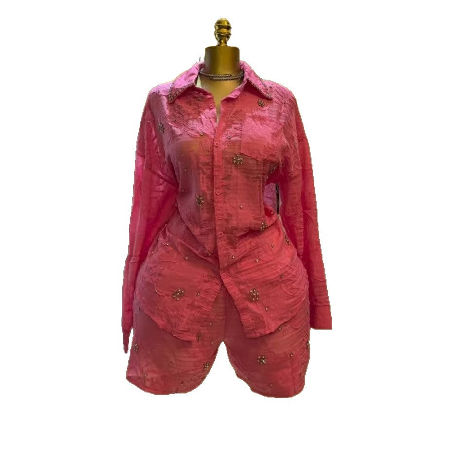 European and american cross-border women's fashion:  summer new arrival - chic and elegant pink diamond-embellished long-sleeve blouse and shorts set