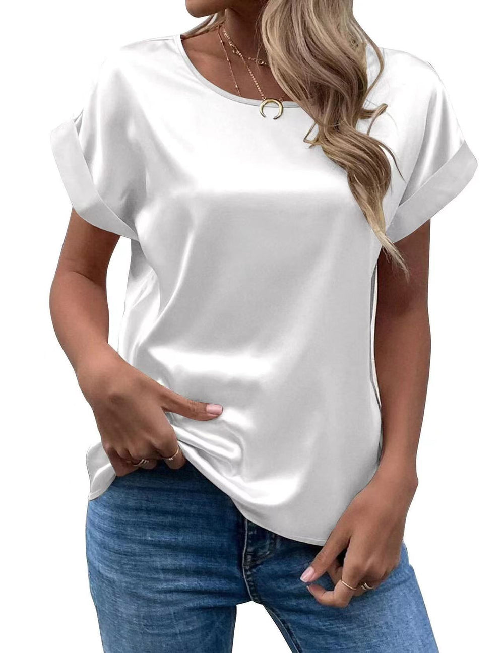 Women's short-sleeve satin blouse - relaxed fit, versatile crew neck, satin shirt - cross-border   new arrival