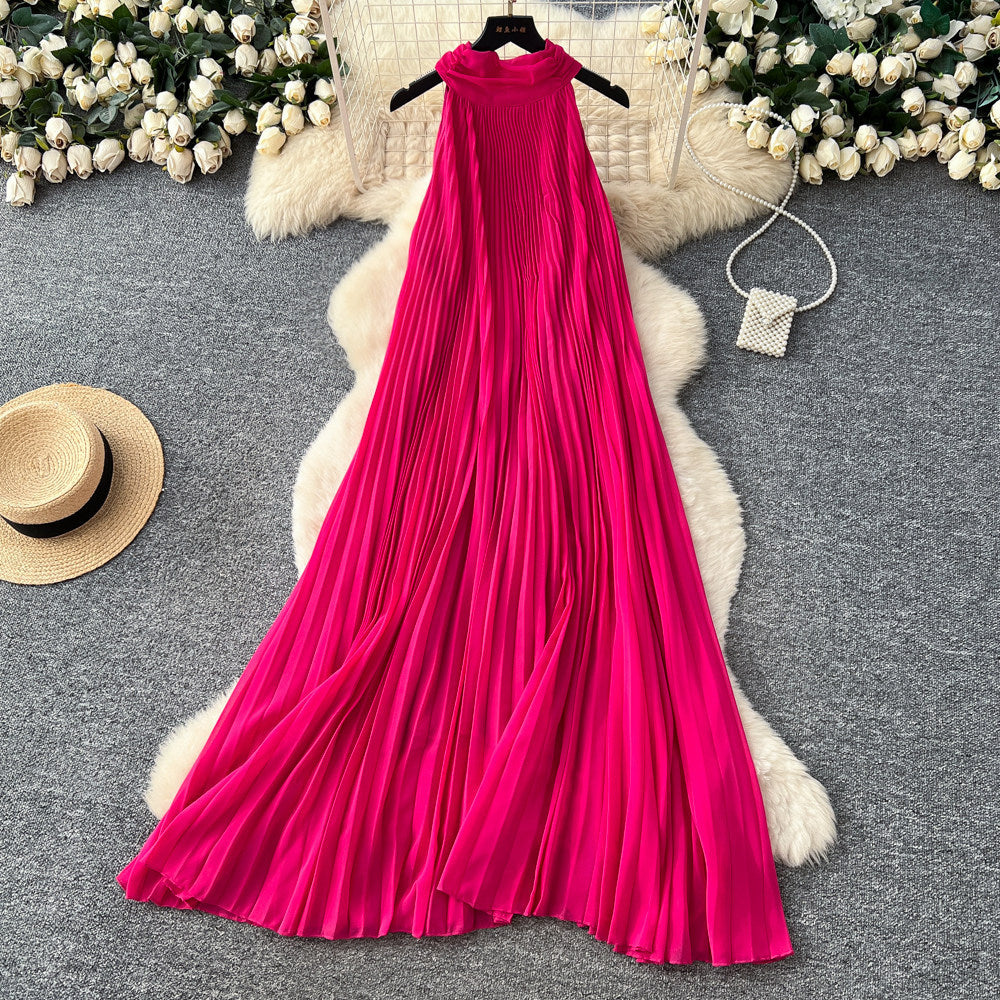 Vacation style halter sleeveless pleated dress women's springk-style heavy industry pleated high waist a-line large swing long skirt