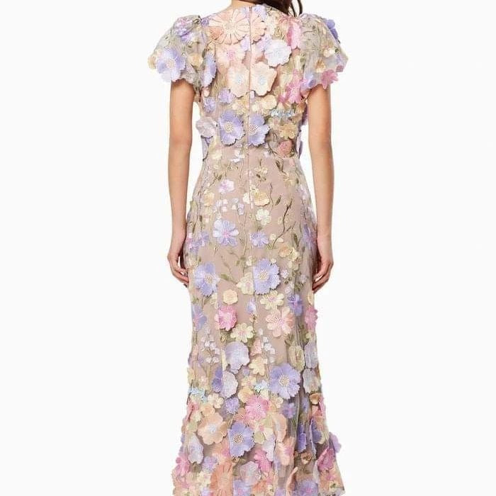 2025 spring new arrival: cross-border luxury round neck embroidered 3d floral puff sleeve midi bodycon dress