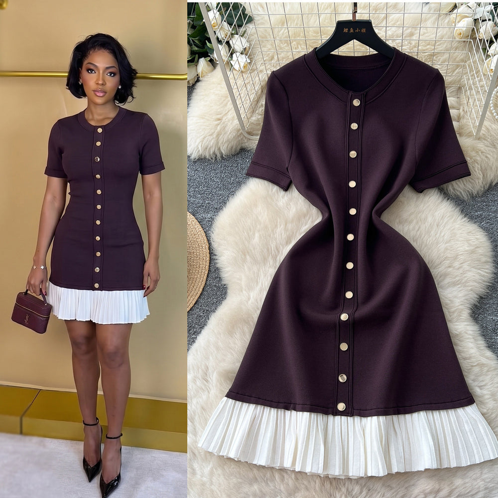 Xiaoxiangfeng knittingdress women's  summer fashion metal button short sleeve pleated patchwork classy work clothing skirt