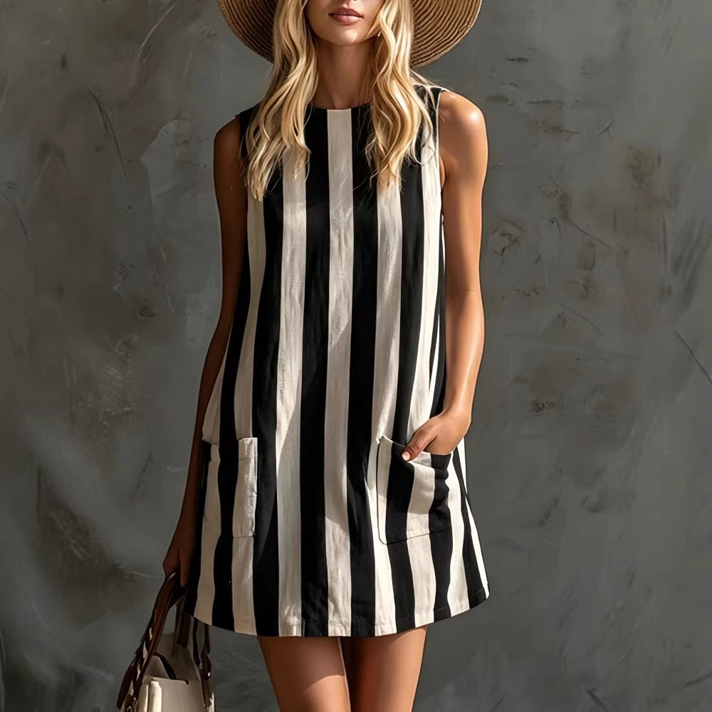 New european and american  fashion retro striped sleeveless crew neck cotton linen mini dress
