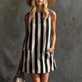 New european and american  fashion retro striped sleeveless crew neck cotton linen mini dress