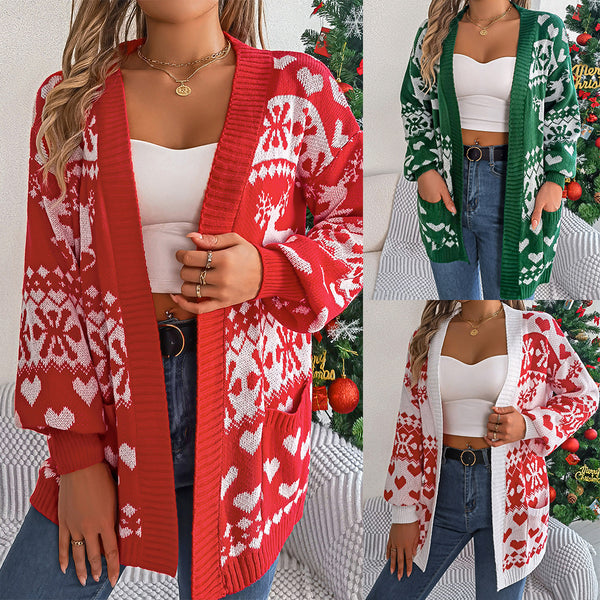 Real shot 2025 autumn and winter Christmas deer pocket long-sleeved cardigan sweater jacket, independent station  women's clothing