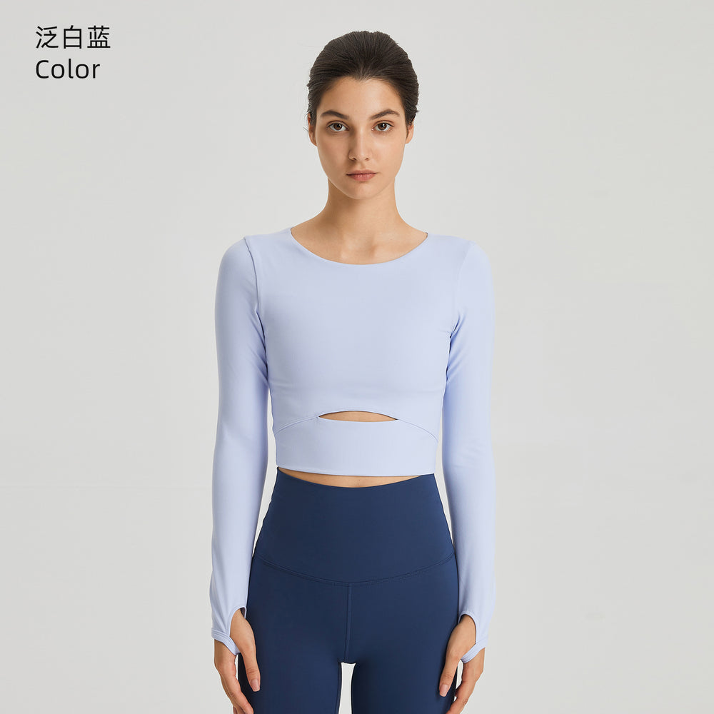 European and american new style padded sports long sleeve t-shirt, fashionable cropped fit, outdoor running slim yoga top for women s2032