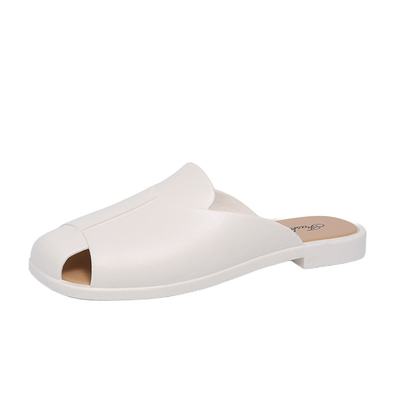 New open-toe solid color mules - summer women's fashionable half-wrap sandals - flat slippers for outdoor wear