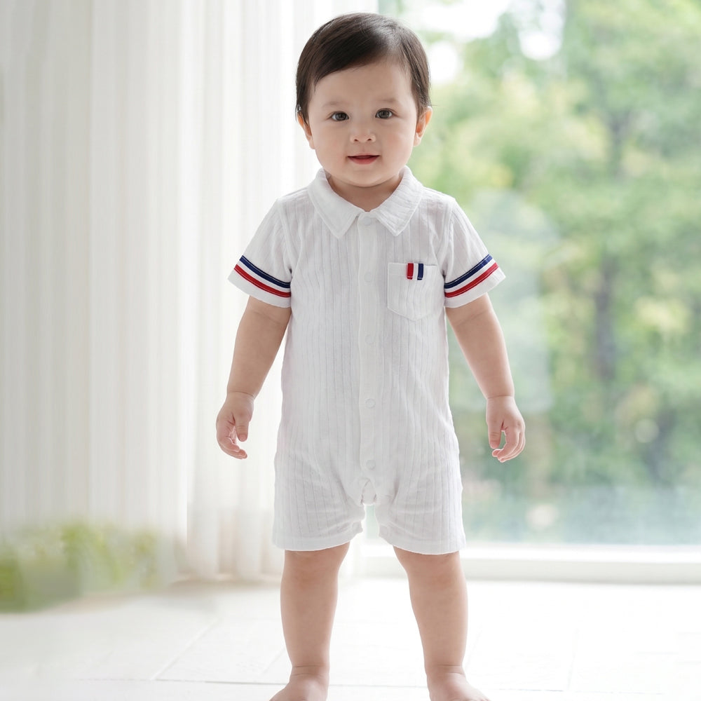 Infant & toddler  new style chic baby plaid smiley face snap-closure short-sleeve turn-down collar romper - summer all-cotton bodysuit