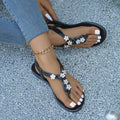 summer new bohemian ethnic rhinestone beaded thong flat roman vacation beach sandals for women