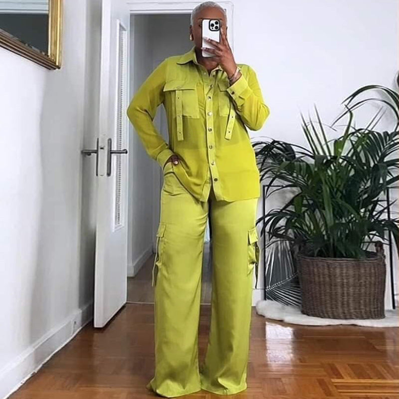 European and american cross-border women's fashion:  summer new collection - stylish design patchwork long sleeve shirt and wide leg pants set