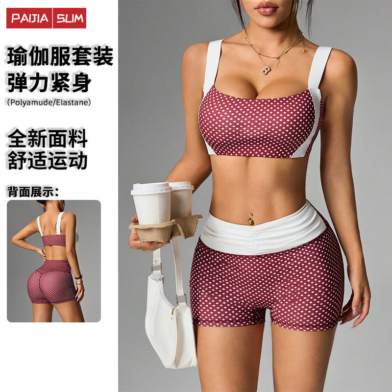 fashioncontrast color polka dot style yoga clothes suitoutwearsummer elastic sexy fitness sportswear suit for women