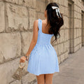 cross-border fashion  french retroplaiddress square neck lace waist slimming lookshort skirt