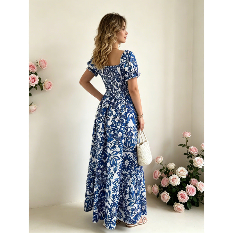 code new arrival  original women's square collar puff sleeves floralsprinting waist a-line skirt
